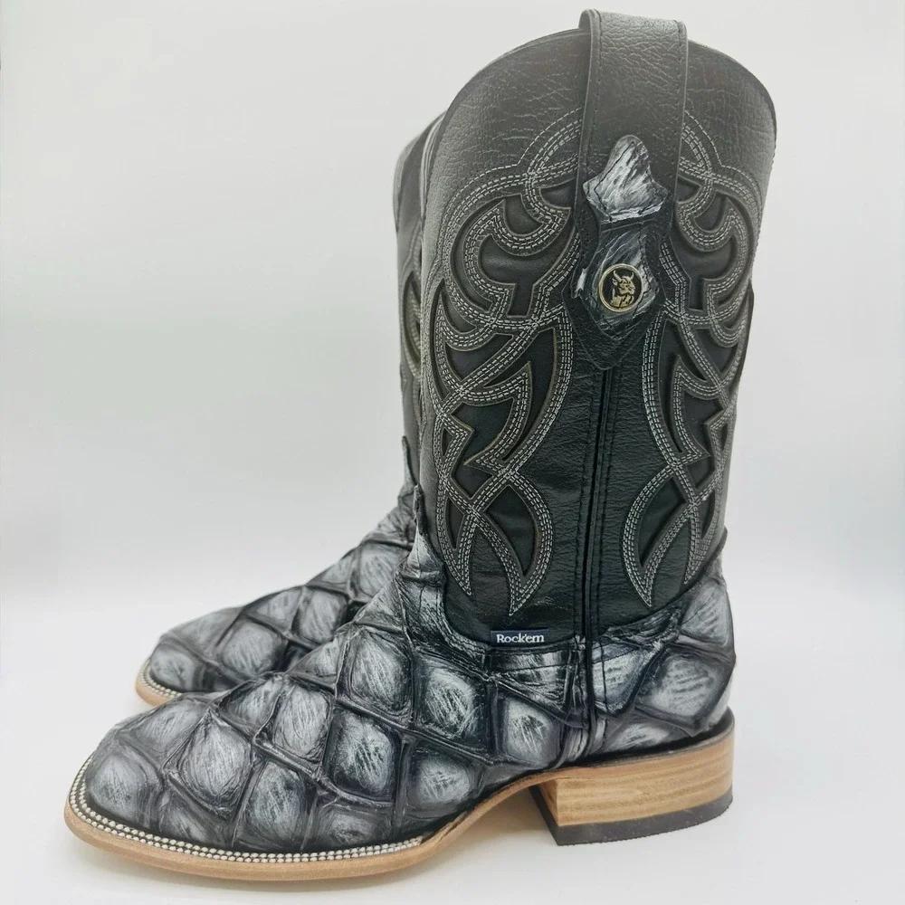 Rock'em Big Bass Print Boots Men's Size 7.5 EE‎ Black Leather  Square Toe